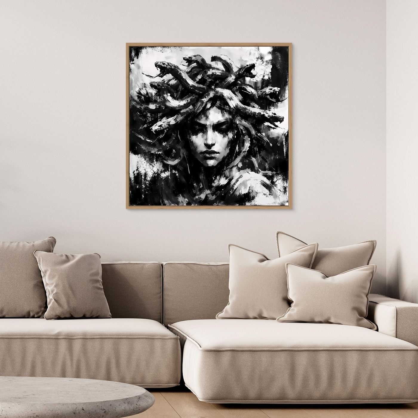 Abstract Medusa canvas wall art with light wood frame, black-and-white swirling hair