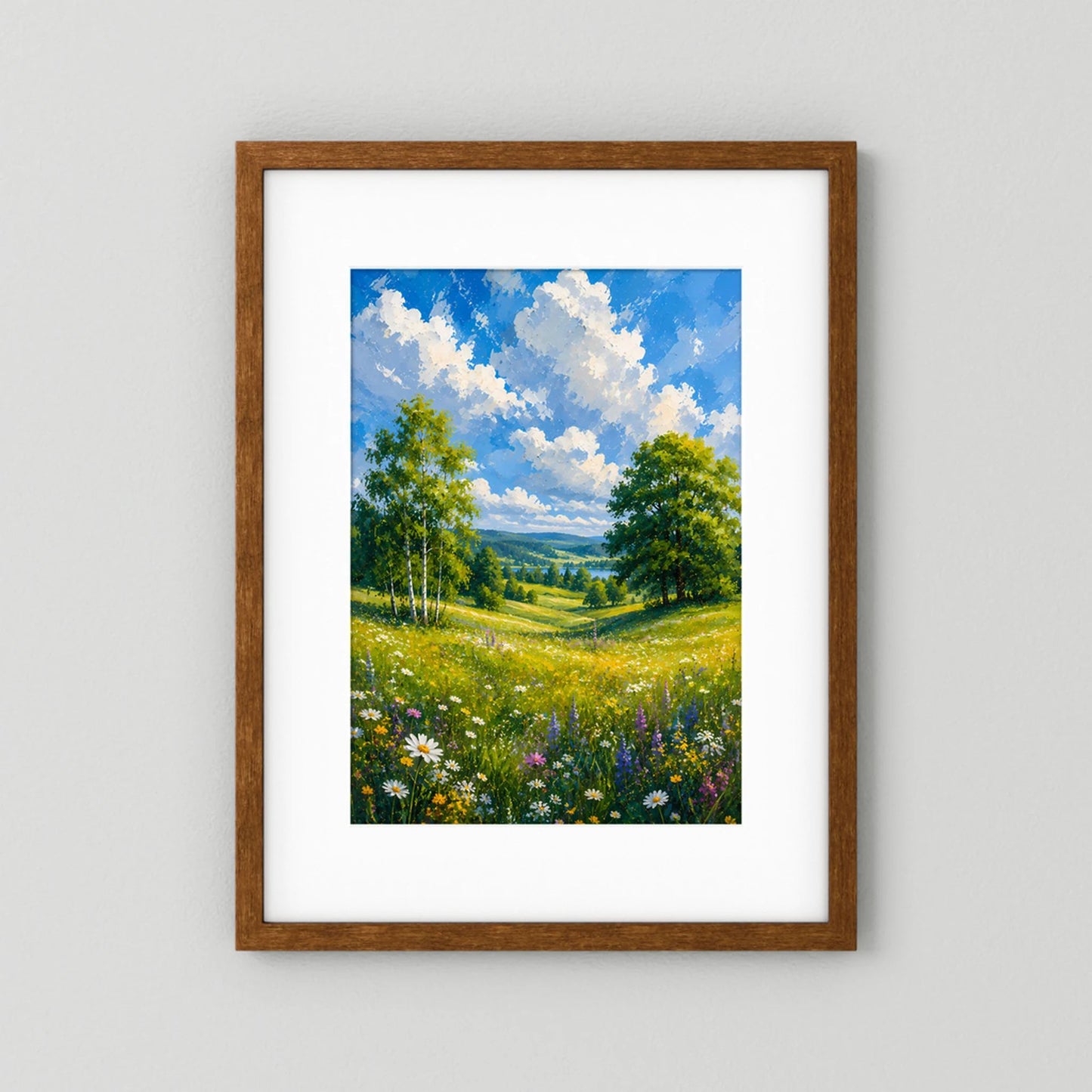 Kunstposter mit braunem Holzrahmen und weißem Rand, Motiv: Blumenwiese und Bäume.