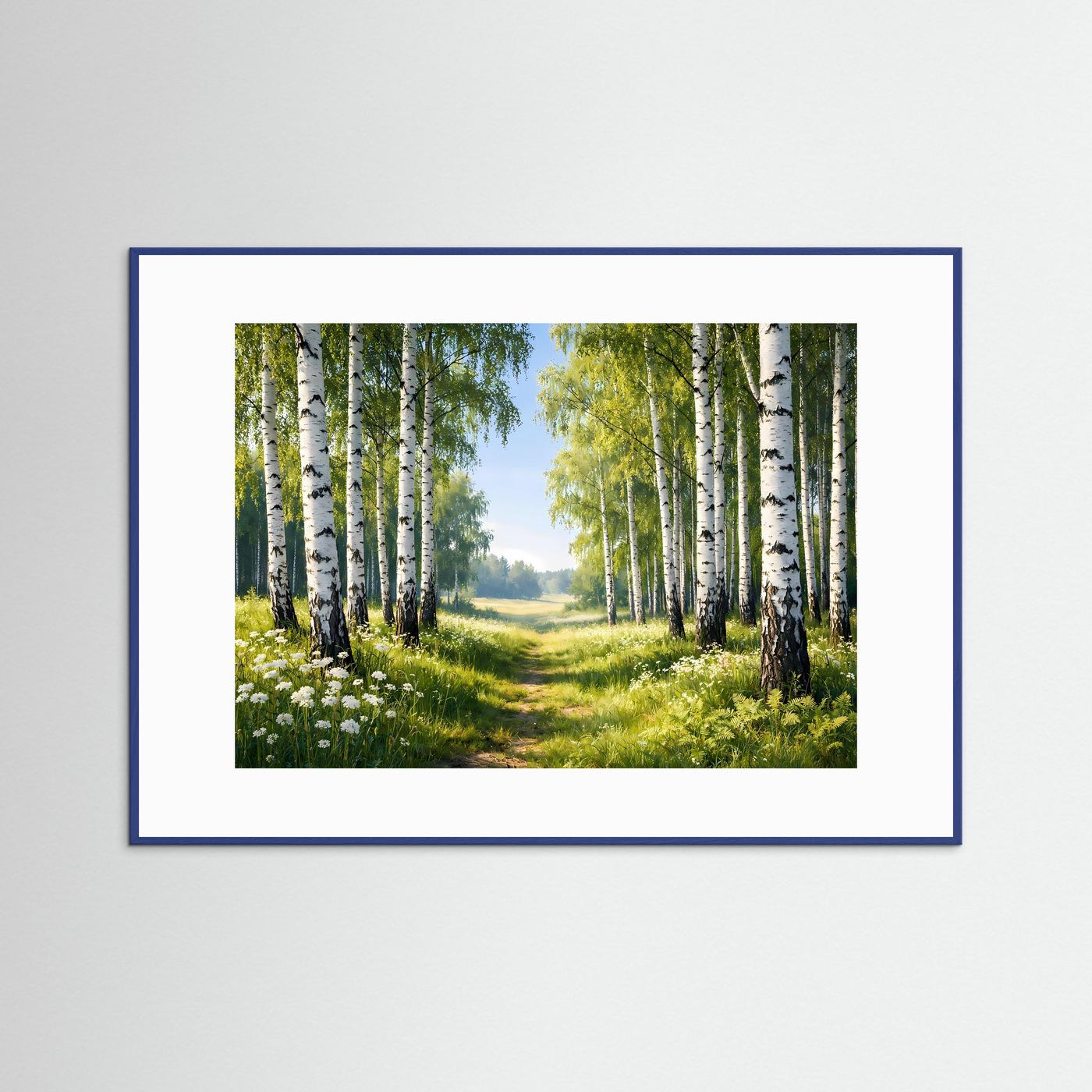 Wandposter Birkenwald und Wiesenweg im Querformat, mit blauem Rahmen und weißem Rand