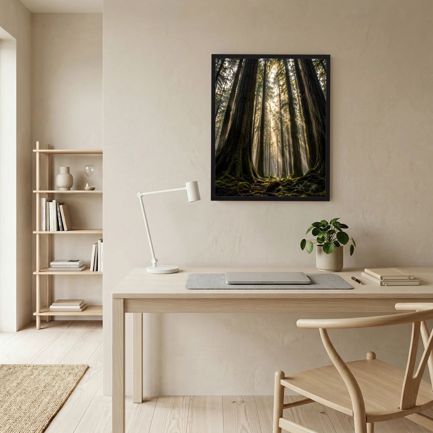 Gerahmtes Poster mit Redwood-Wald, Sonnenstrahlen zwischen hohen Baumstämmen