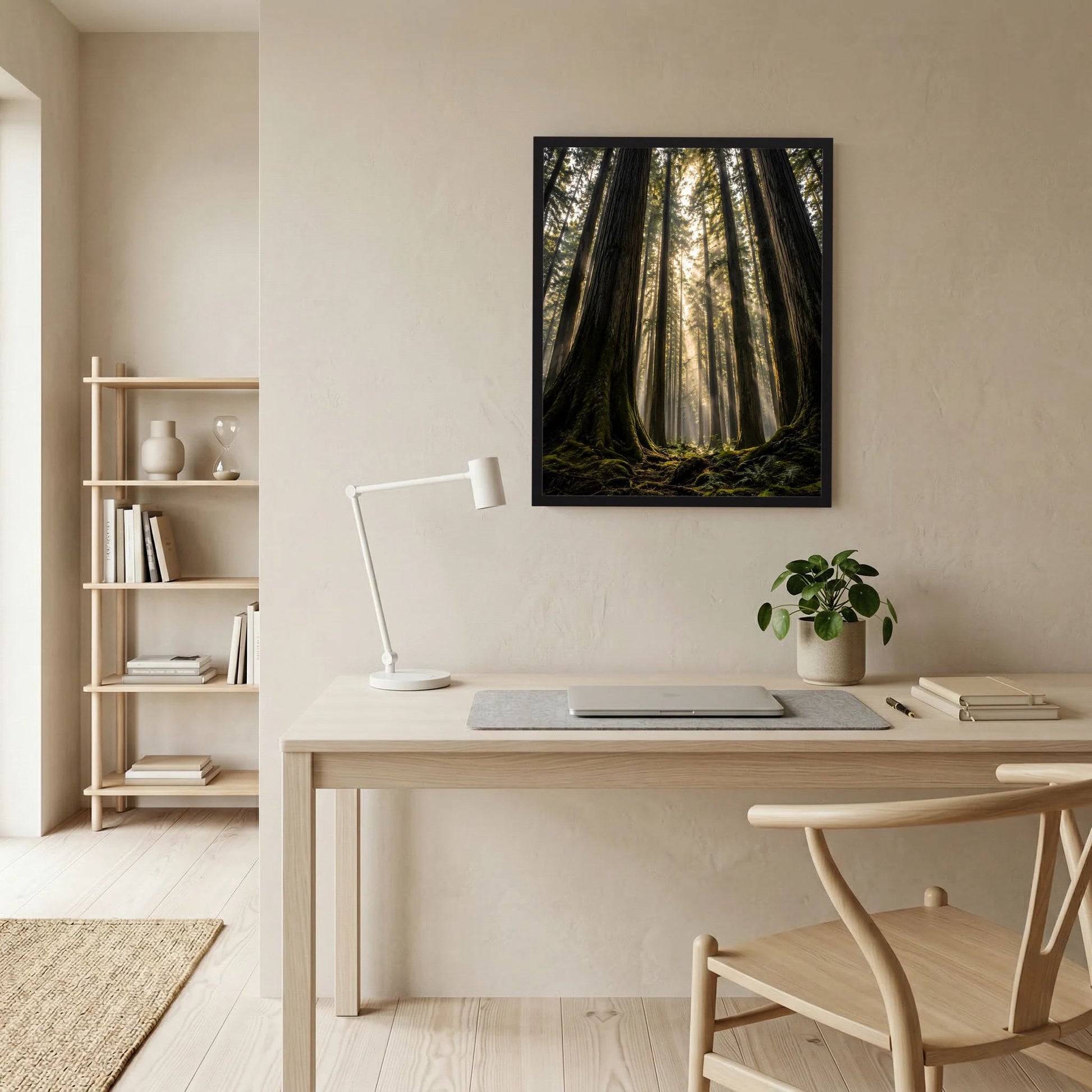 Gerahmtes Poster mit Redwood-Wald, Sonnenstrahlen zwischen hohen Baumstämmen