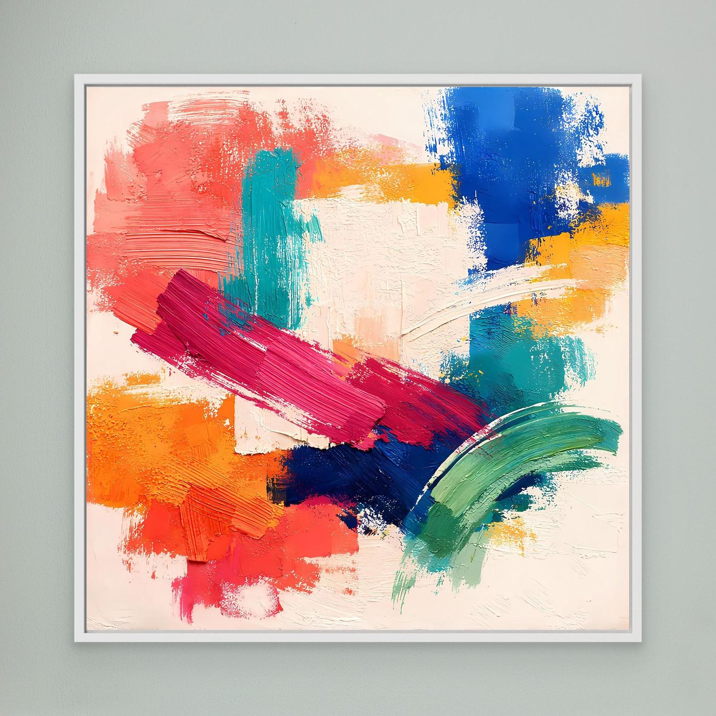 Abstract canvas wall art with white frame, multicolor brush strokes on light background