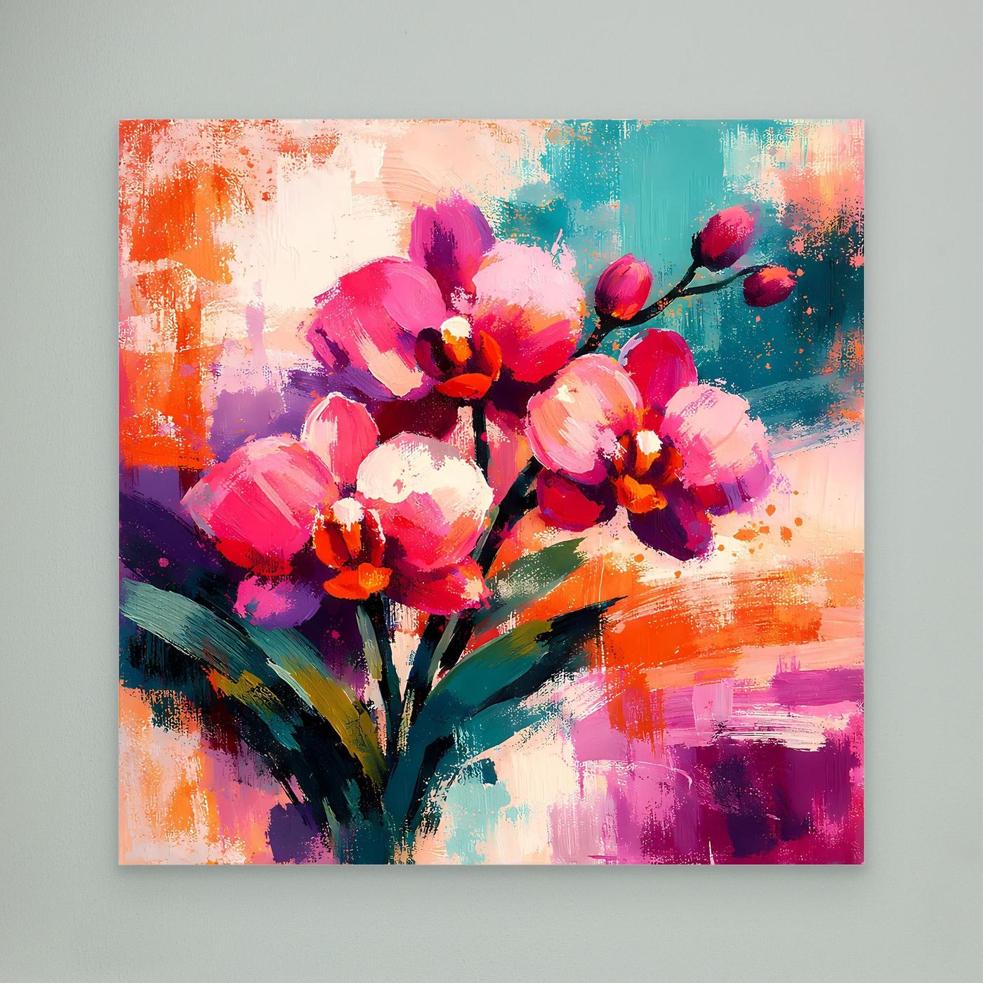 Abstraktes Orchideen-Leinwandbild mit leuchtenden Farben und Pinselstrichen, ohne Rahmen