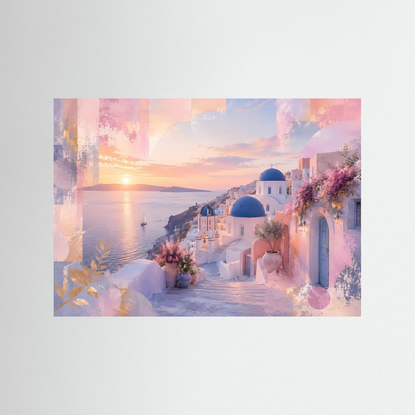 Santorini Poster | Pastell Griechenland Wandbild | Mediterrane Küstenlandschaft | Abstrakte Architektur Kunst | Sonnenuntergang Leinwand