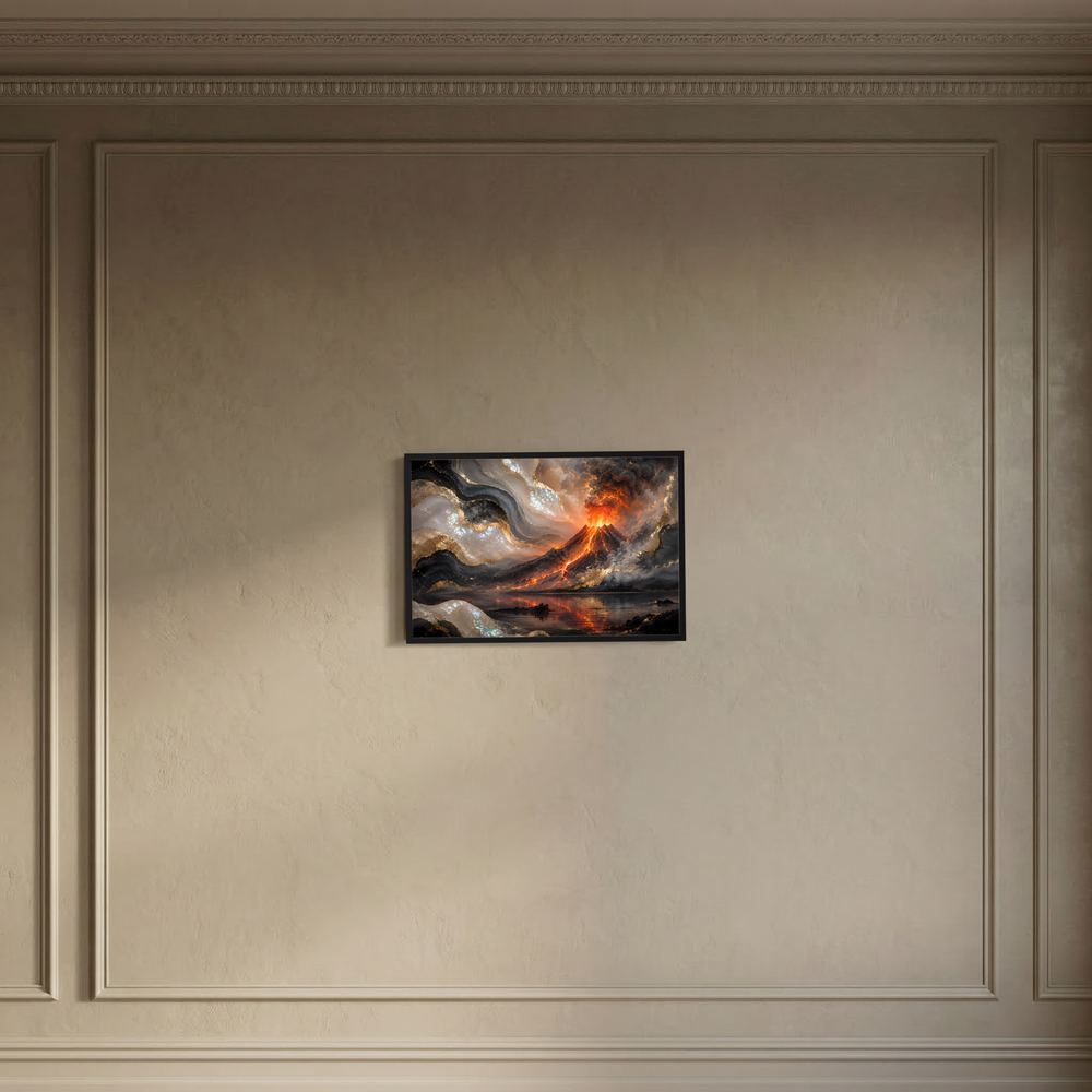 Vulkan-Poster klein: Lava in Schwarz und Gold, perlmuttartige Strukturen, Querformat, schwarzer Rahmen