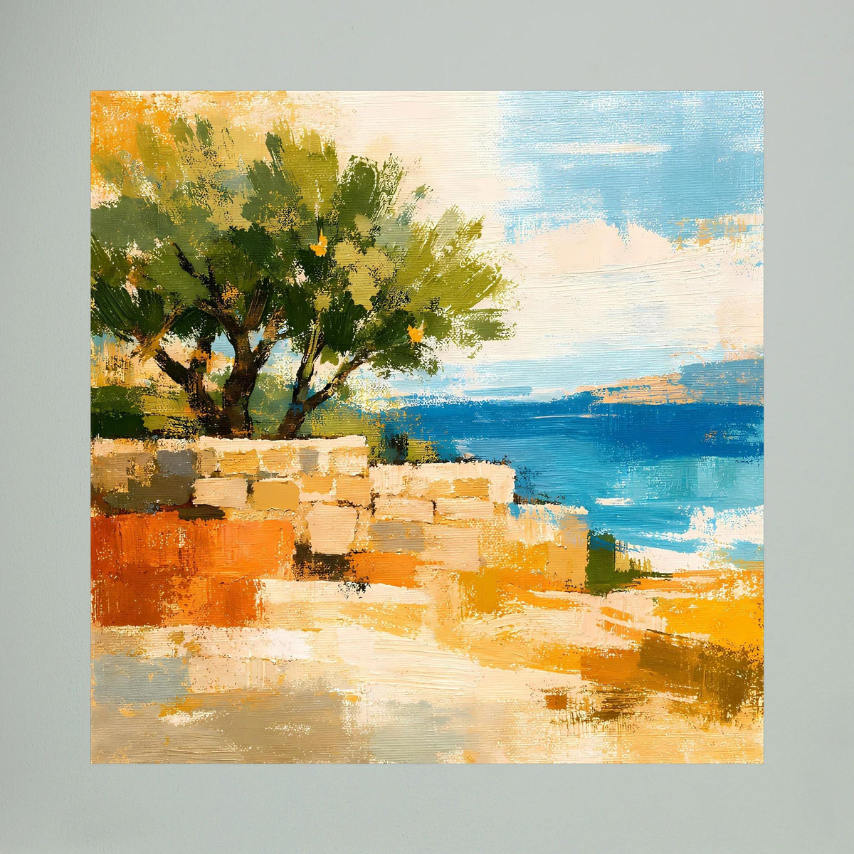 Nahansicht des quadratischen Leinwand-Wandbilds: grüner Baum, orange Steine, blaues Meer.