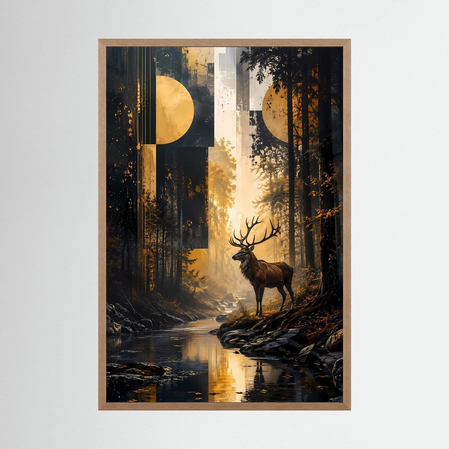 Hirsch-im-Wald-Poster mit Holzrahmen in hellem Naturton