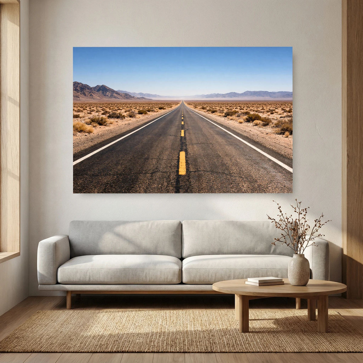 Wandbild im Querformat mit Blick auf eine gerade Straße durch trockene Landschaft.