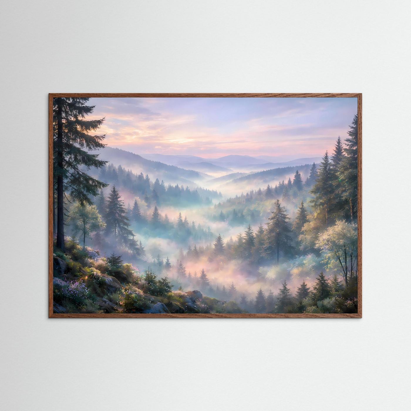 Wandposter mit Berglandschaft im Nebeltal, mit braunem Holzrahmen