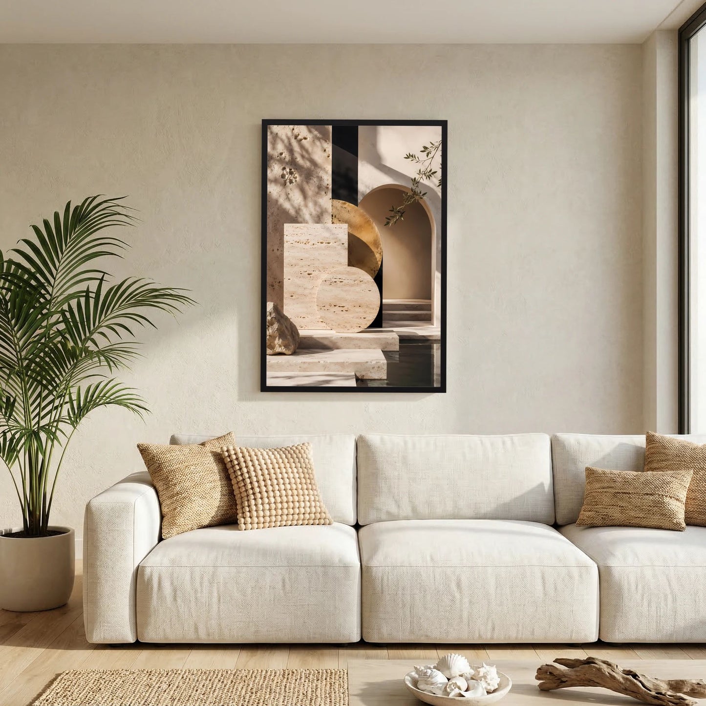 Kunstposter im Hochformat mit beige-goldener Architektur, schwarzer Rahmen