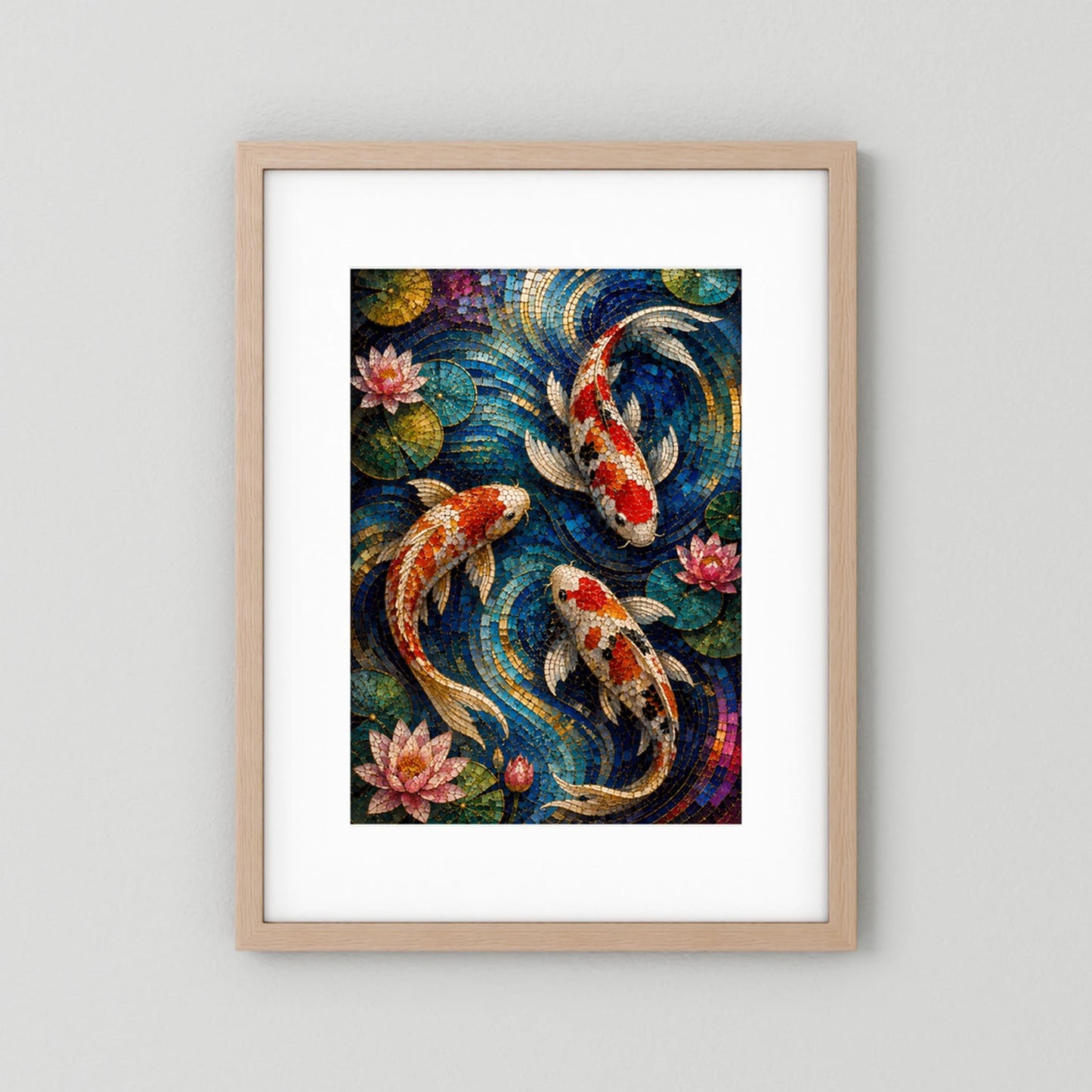 Koi Fische im Seerosenteich | Japanisches Mosaik in Blau & Gold | Poster Hochformat