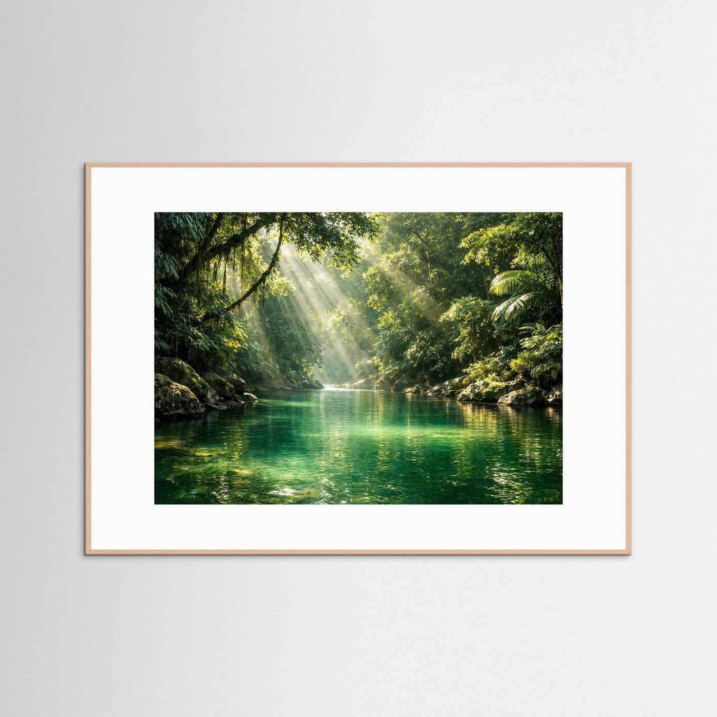 Poster mit Dschungel-Flusslandschaft im rosafarbenen Holzrahmen