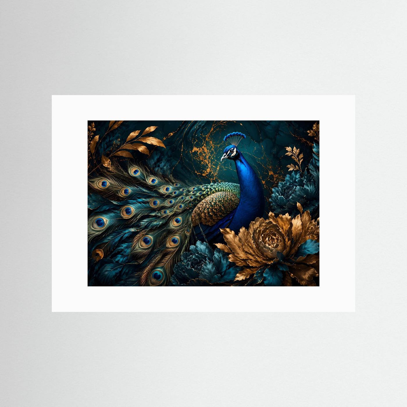Majestätischer Pfau mit goldenen Akzenten | Edle Tierkunst & Petrol Poster