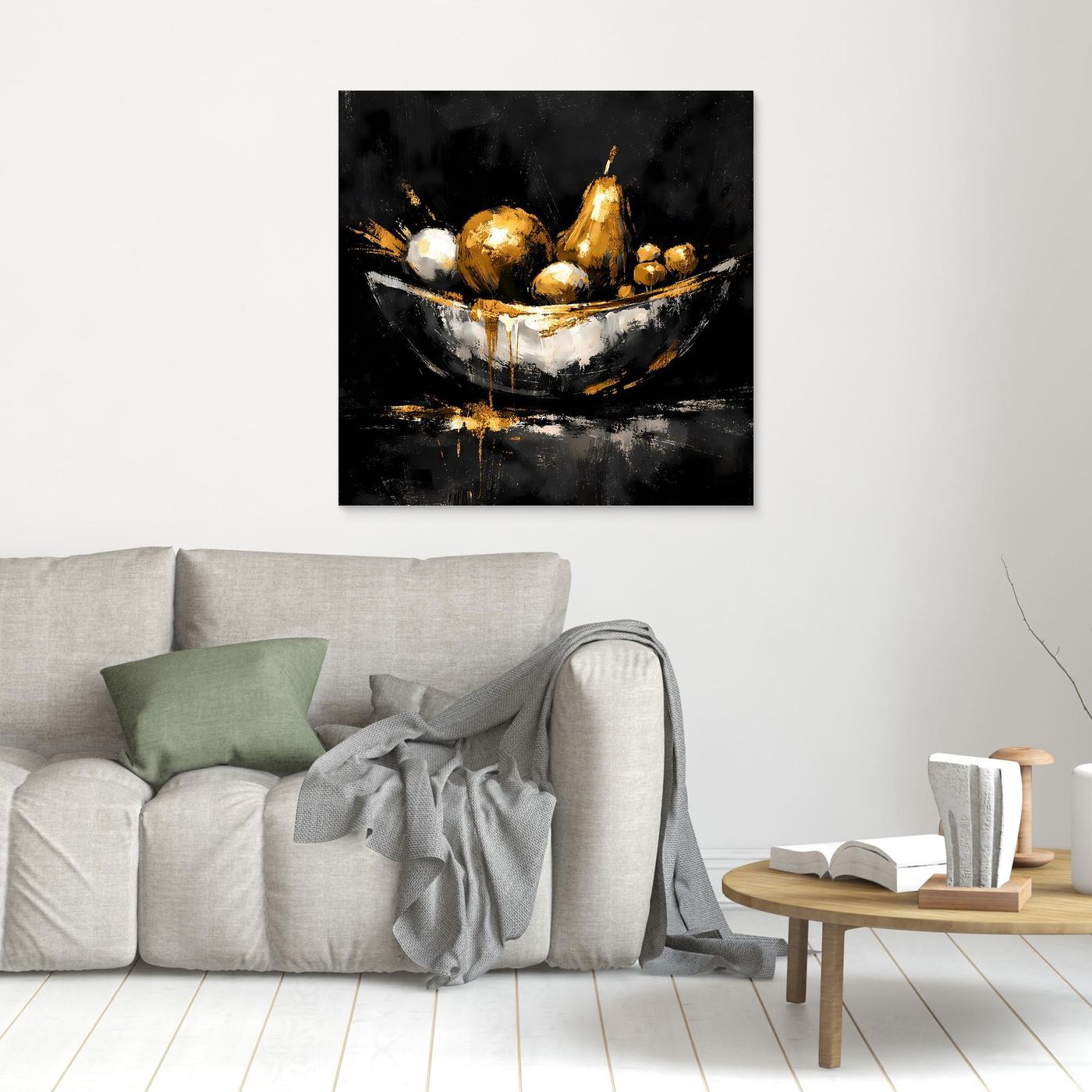 Leinwand Elegante Obstschale in Gold und Silber | Modernes Luxus Stillleben Wandbild