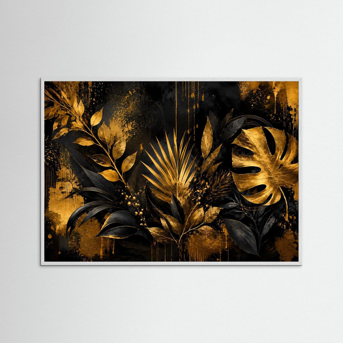 Wandposter im weißen Holzrahmen mit goldenen tropischen Blättern auf dunklem Hintergrund, querformatig