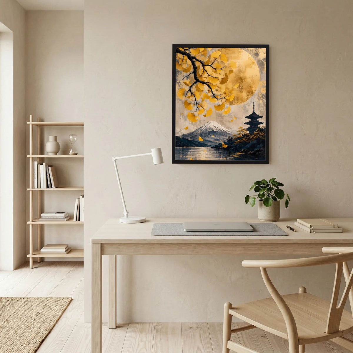 Gerahmtes Poster im Büro-Stil: Fuji, Pagode, Mond und goldgelbe Ginkgoblätter über Wasser