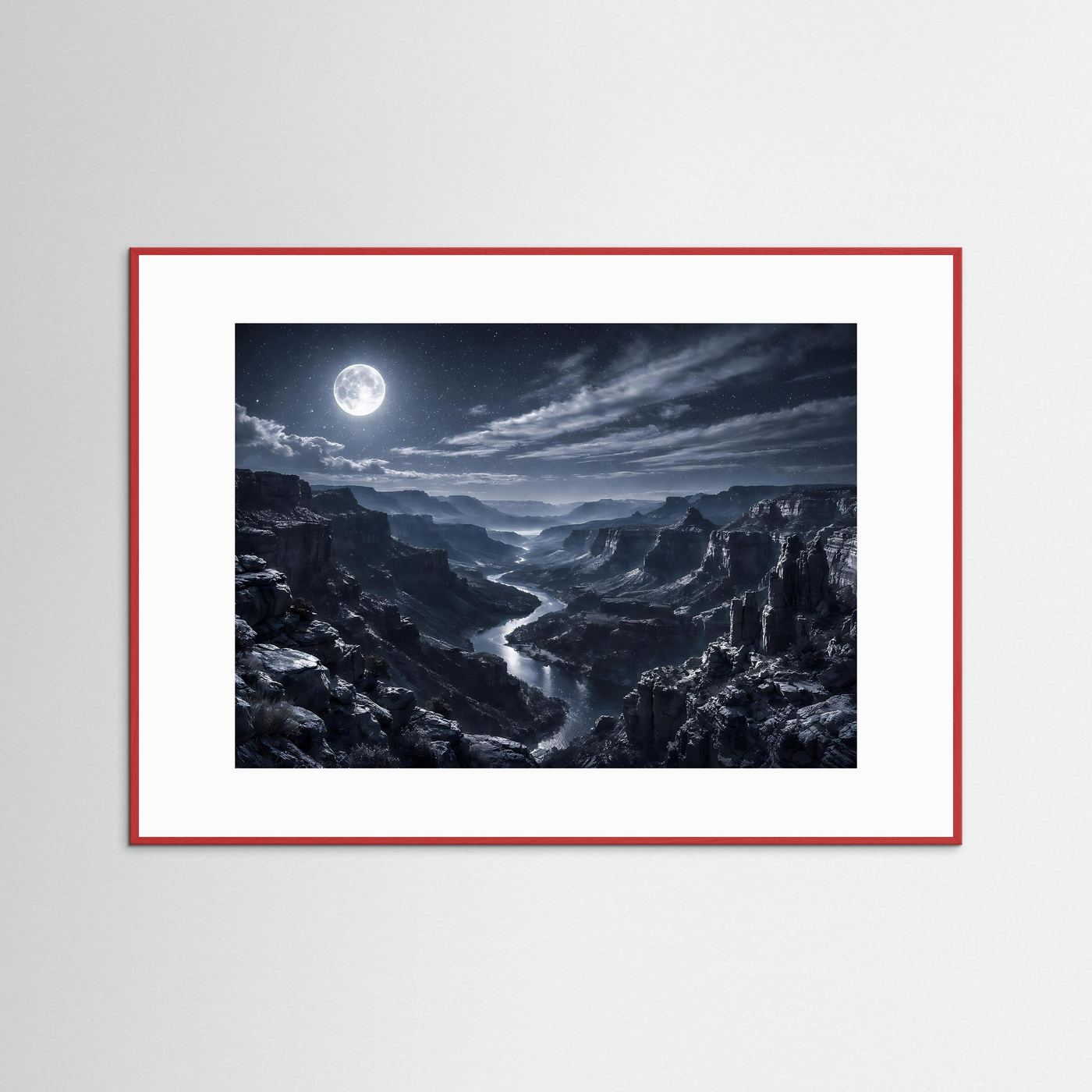 Wandbild mit Mond über Canyon, roter Rahmen mit weißem Rand