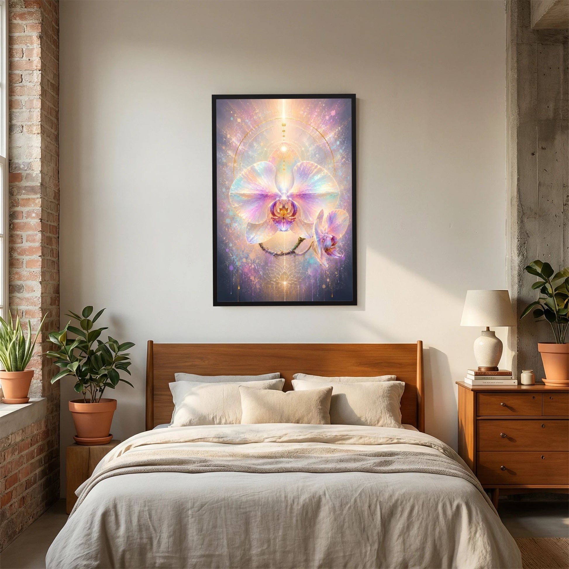 Orchideen-Pastellposter im schwarzen Rahmen mit leuchtender Orchideenblüte in Rosa, Lila und Türkis