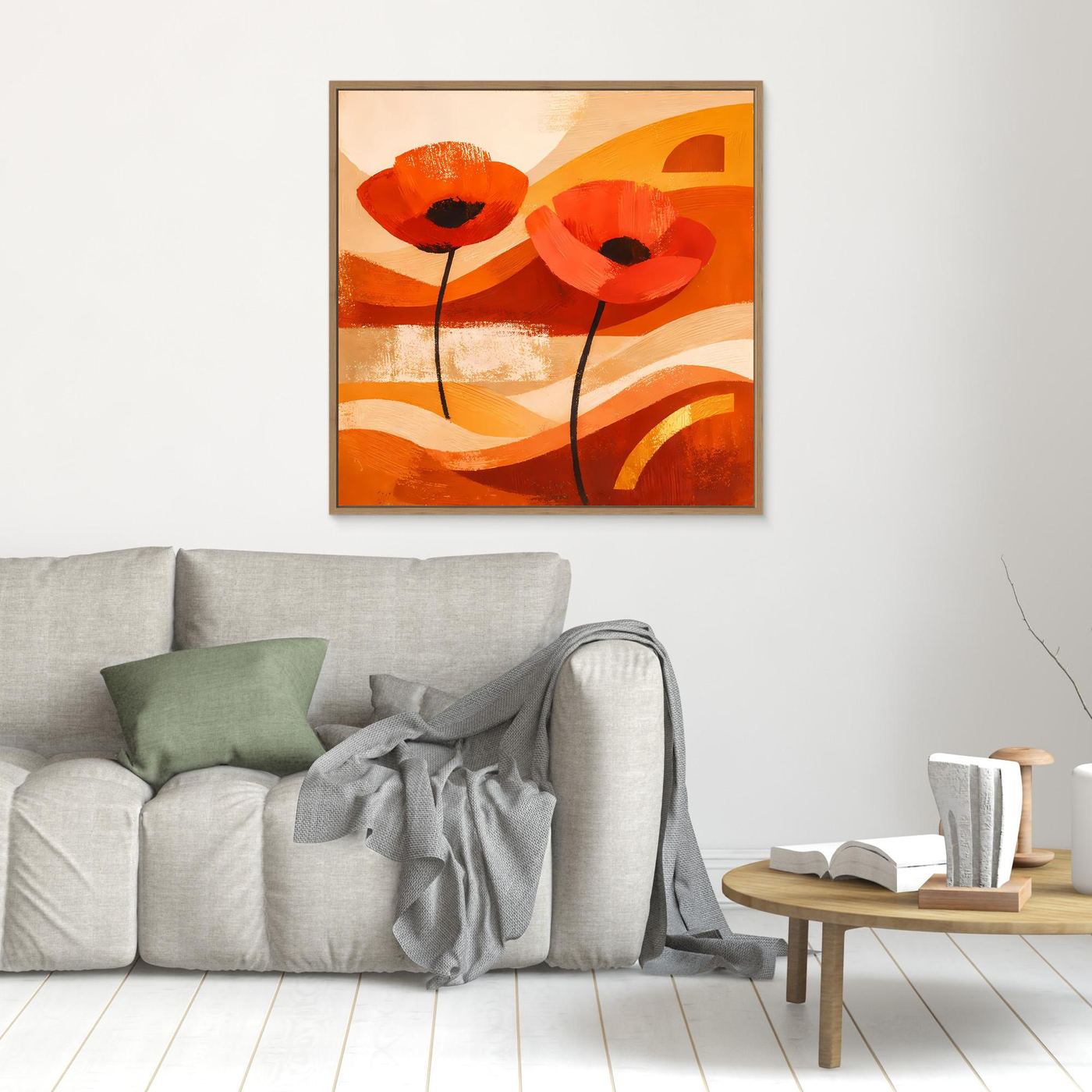 Quadratisches Leinwandbild mit abstrakten roten Mohnblumen in warmem Orange im braunen Rahmen
