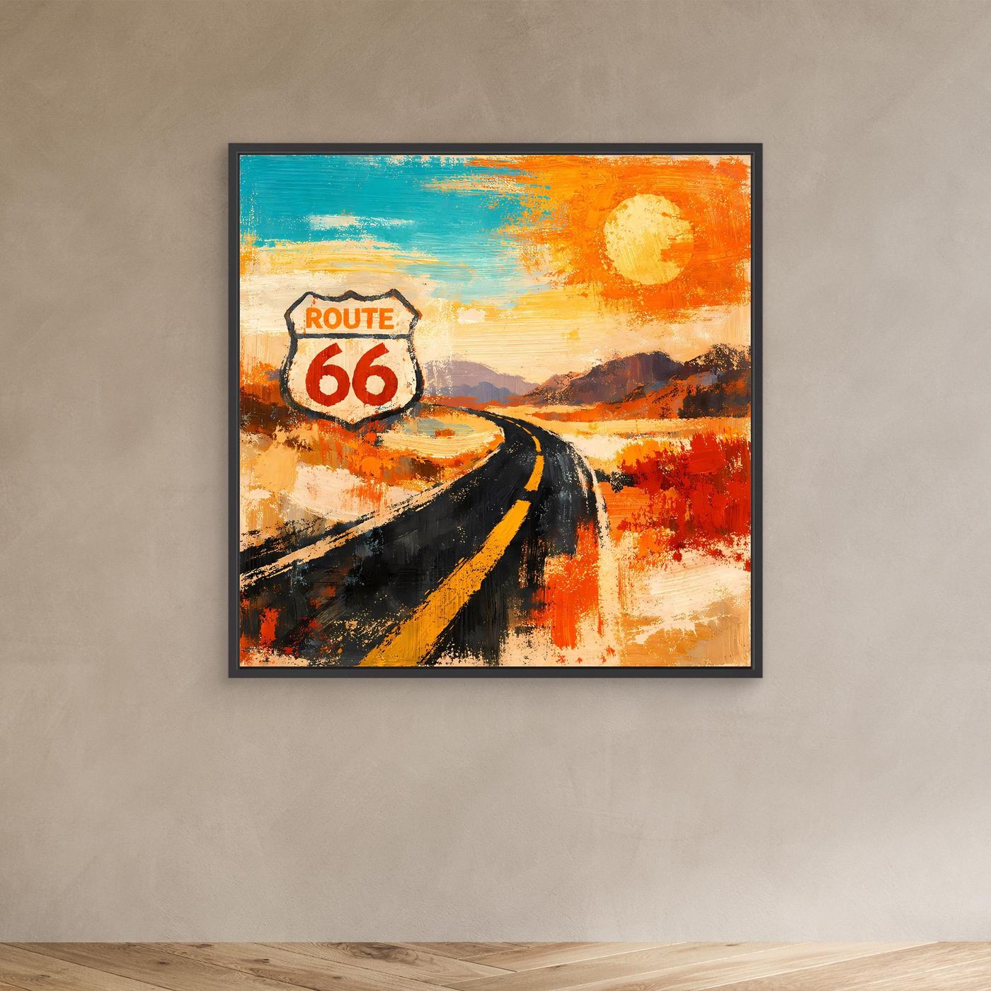 Wandbild mit abstrakter Route-66-Szene im schwarzen Rahmen: Schild „Route 66“, Straße, Sonne