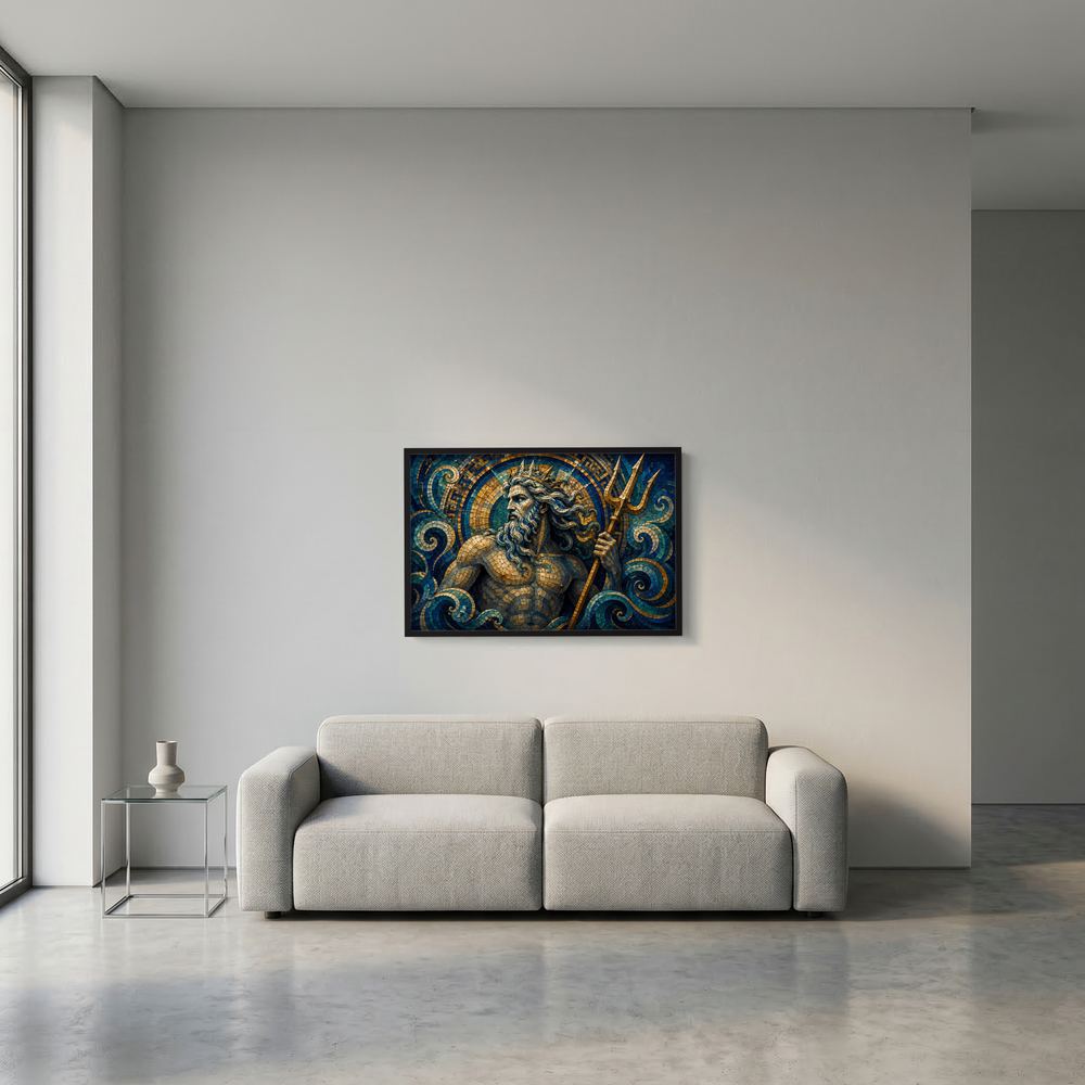 Schwarzes gerahmtes Poster mit Poseidon im Mosaikstil und Dreizack, Blau und Gold