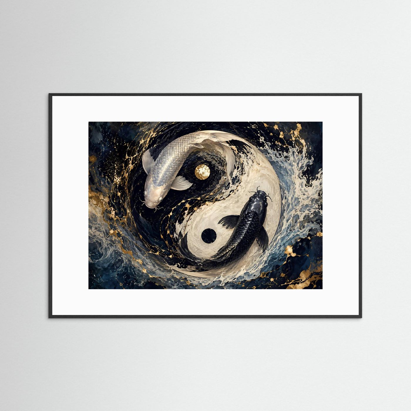 Koi Fische Yin Yang in Schwarz Weiß & Gold | Asiatische Zen Wandkunst