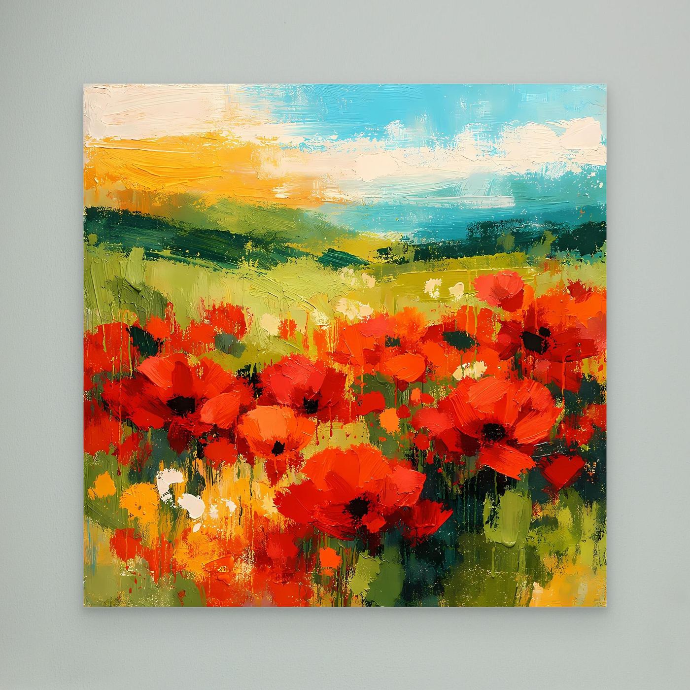 Abstract canvas wall art of a bright red poppy field with green and blue horizon