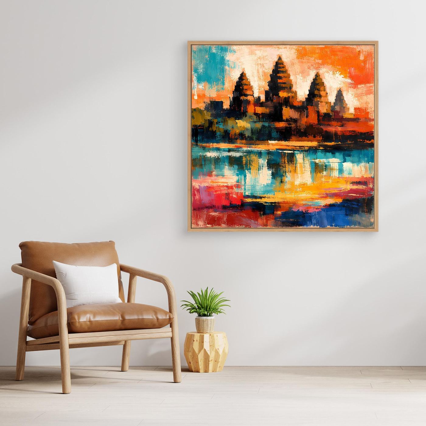 Abstraktes Leinwand-Wandbild mit Maya-Pyramide am Wasser, mit goldbraunem Holzrahmen