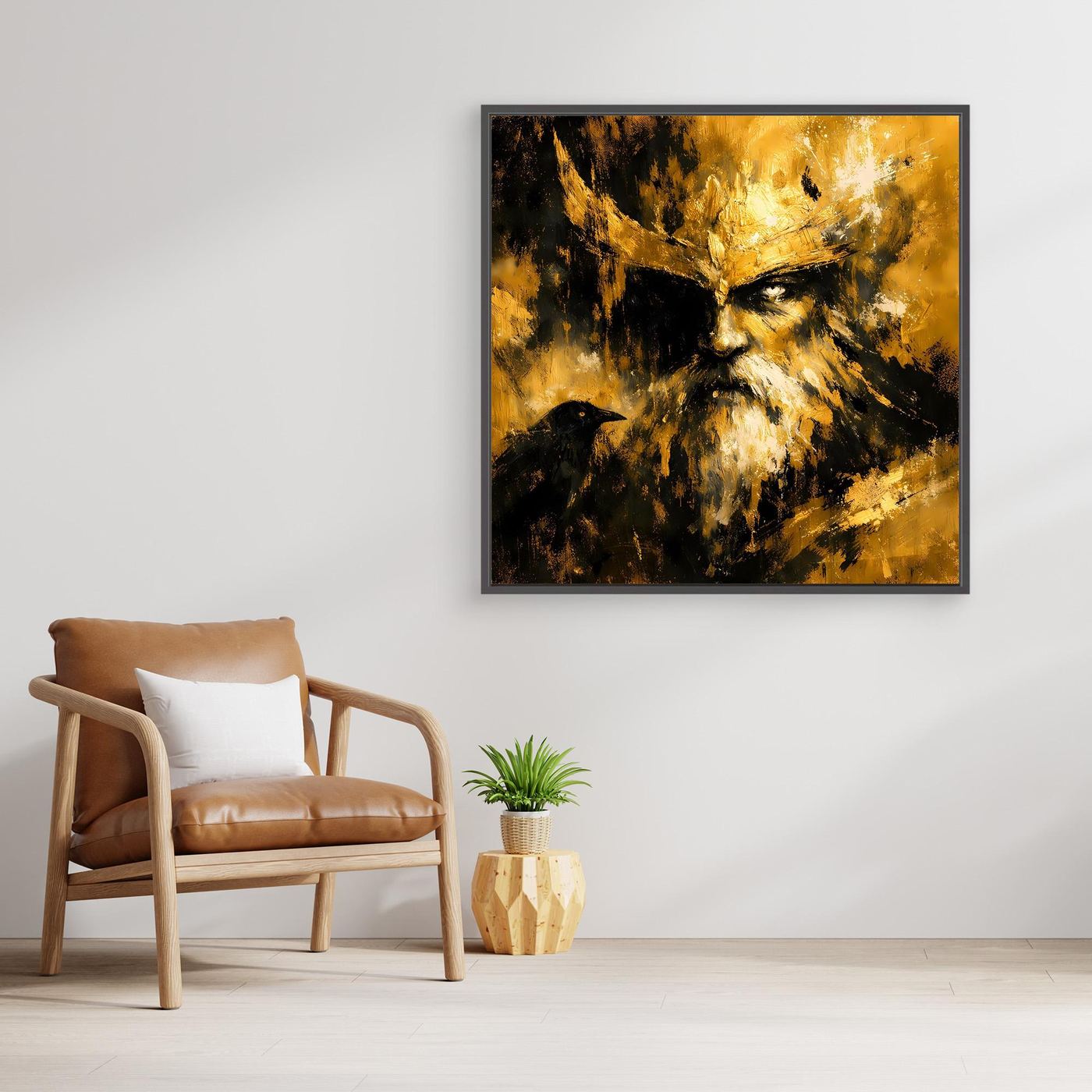 Leinwand Nordischer Gott Odin mit Rabe | Modernes Abstraktes Mythologie Wandbild