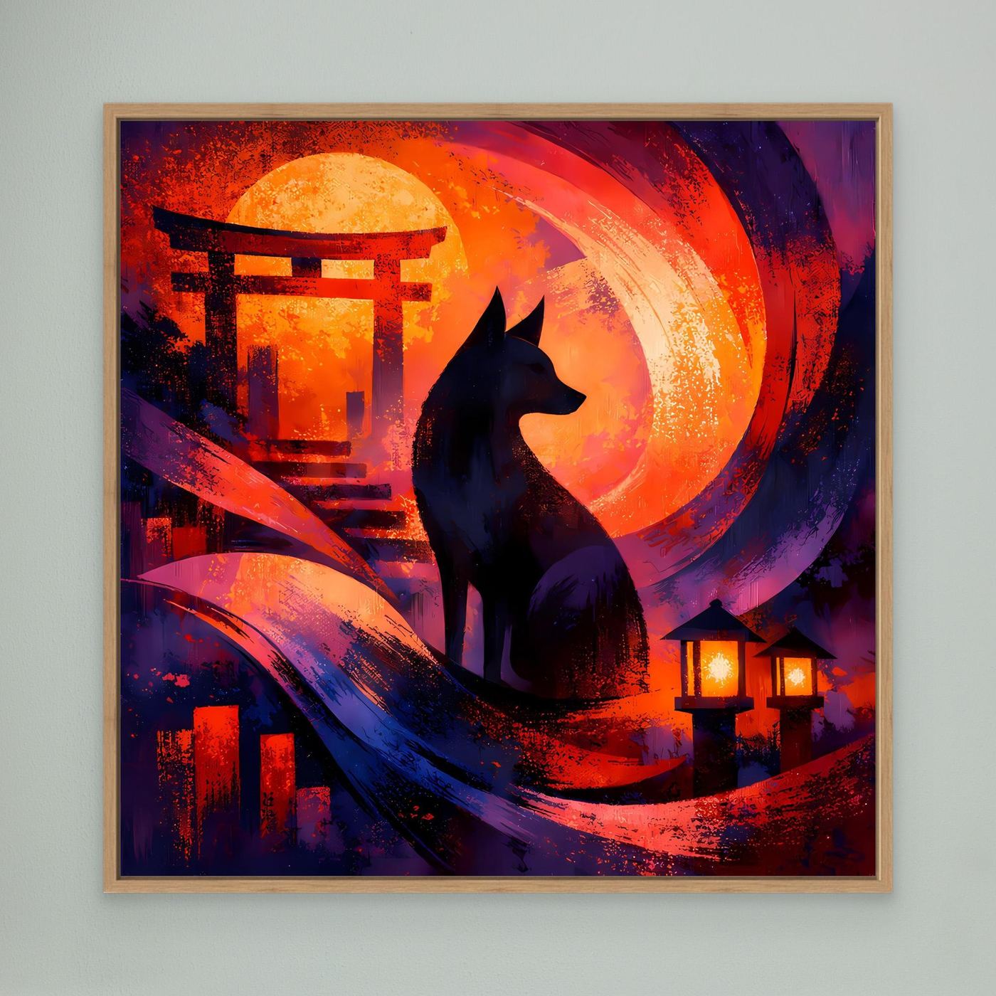 Abstraktes Leinwand-Wandbild mit Eichenrahmen: dunkle Kitsune am Torii, Mond, Laternen