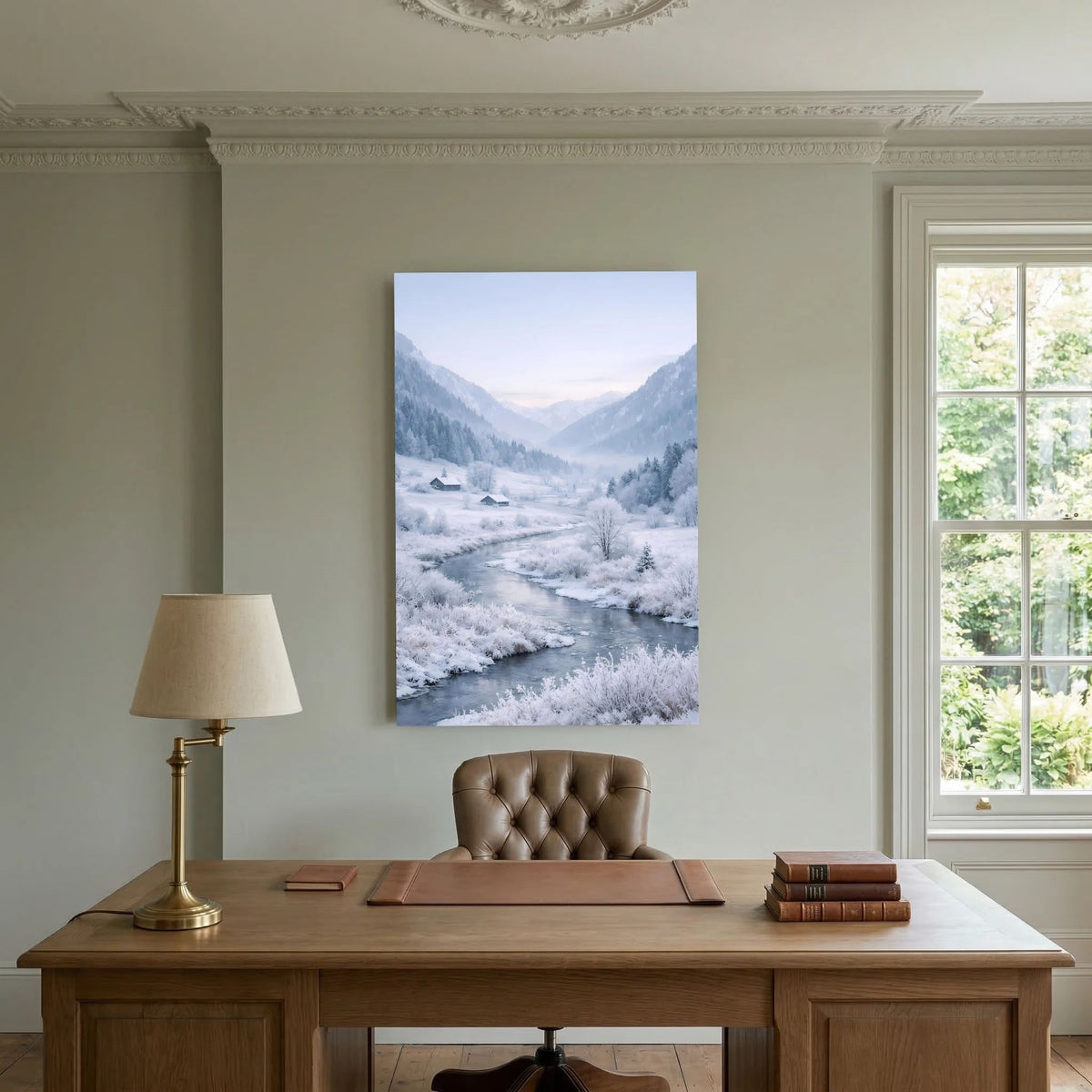 Hochkant-Wandposter der verschneiten Alpenflusslandschaft, weißer Rand