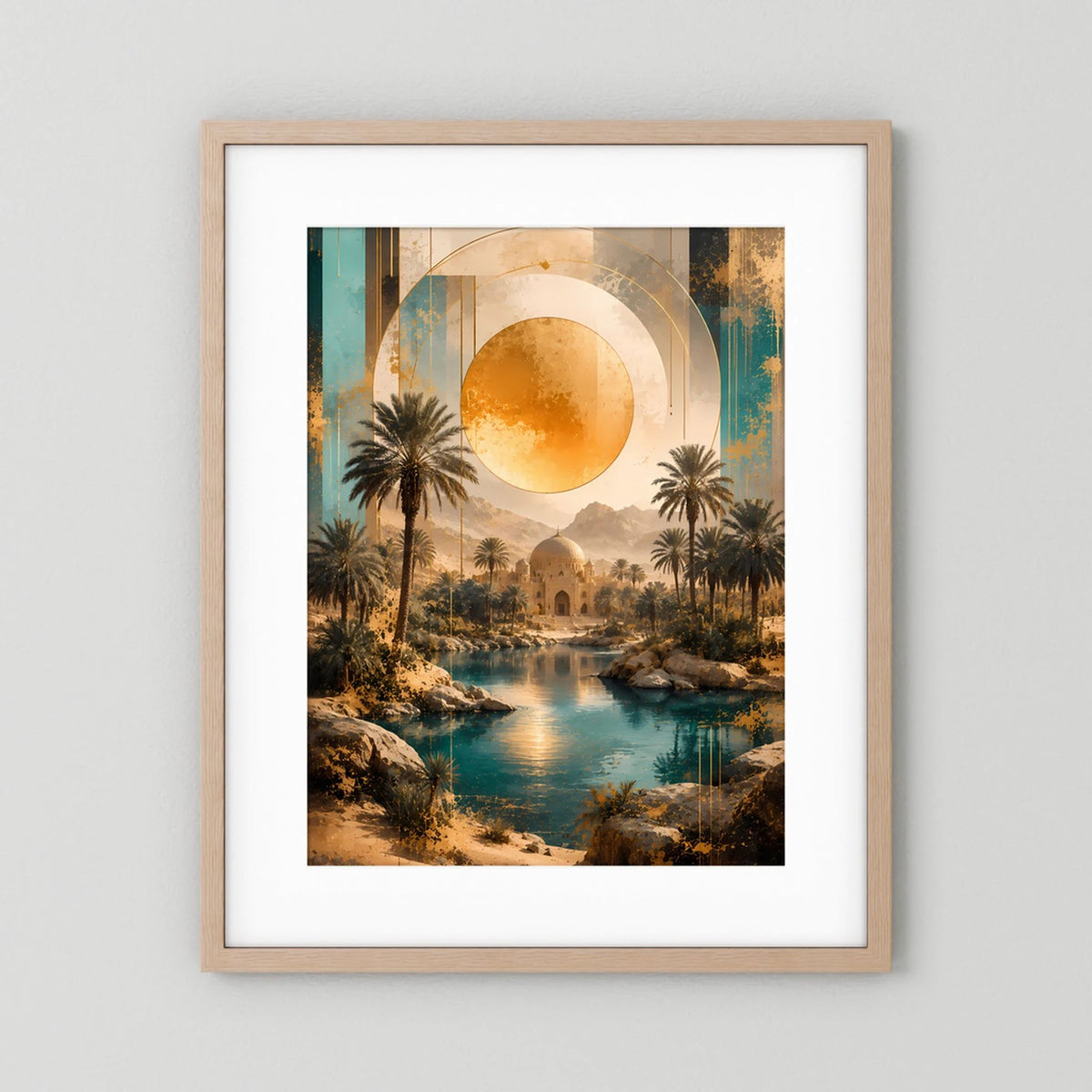 Hochformat-Poster mit Palmen, türkisfarbenem Fluss und goldener Sonne, eiche natur