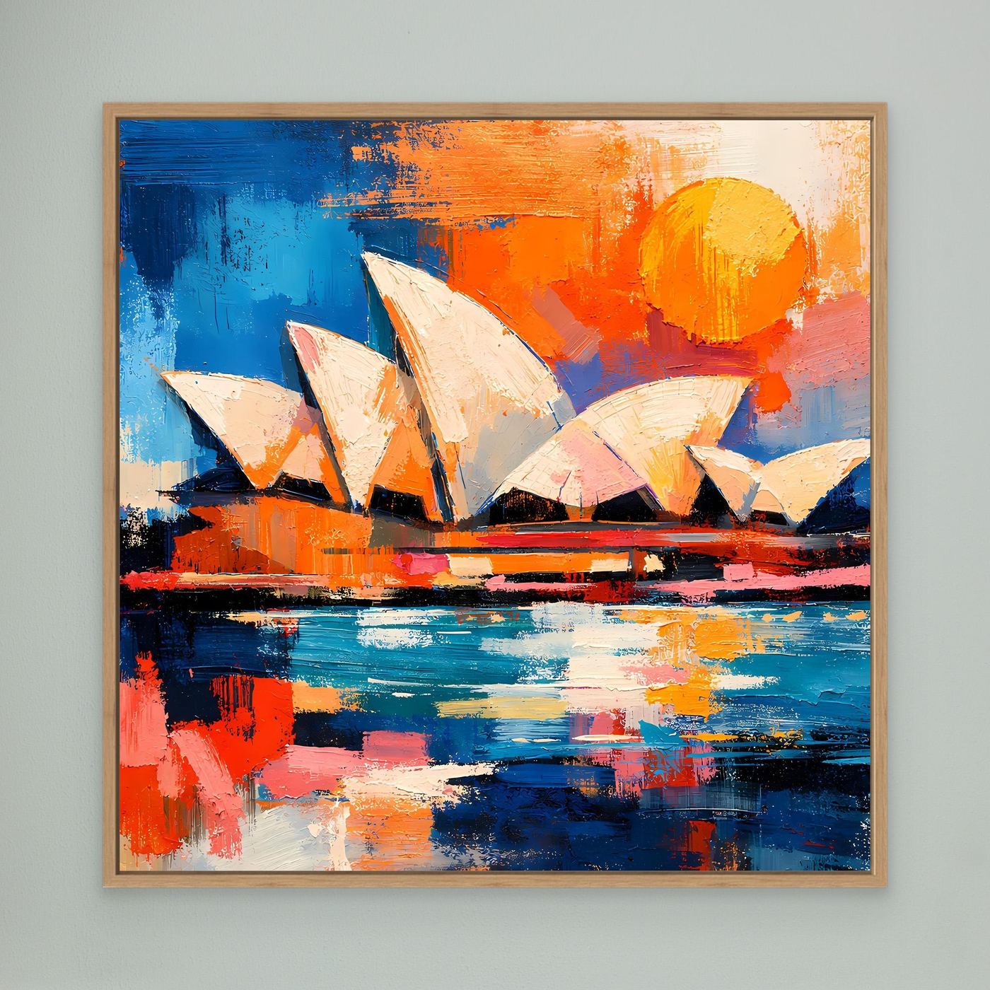Abstract Sydney Opera House wall art canvas in light oak frame with blue water and orange sun