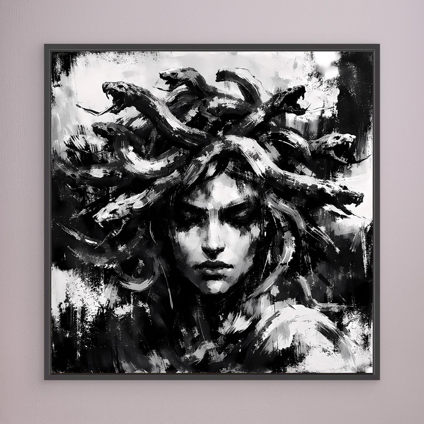 Black-framed black-and-white abstract Medusa wall art with brush-stroke face