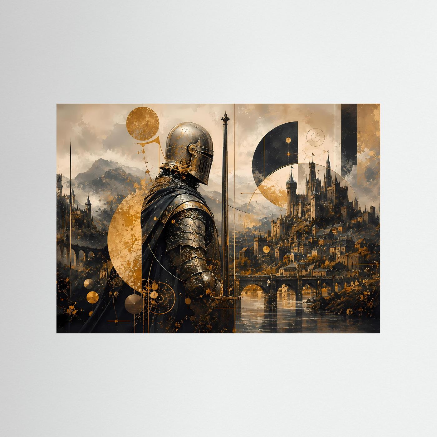 Mittelalterlicher Ritter vor Burg | Mystische Schwarz-Gold Kunst