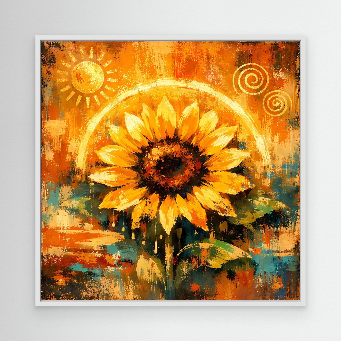 Abstraktes Leinwand-Wandbild mit goldener Sonnenblume, Sonne und Kreismotiven, weißer Rahmen