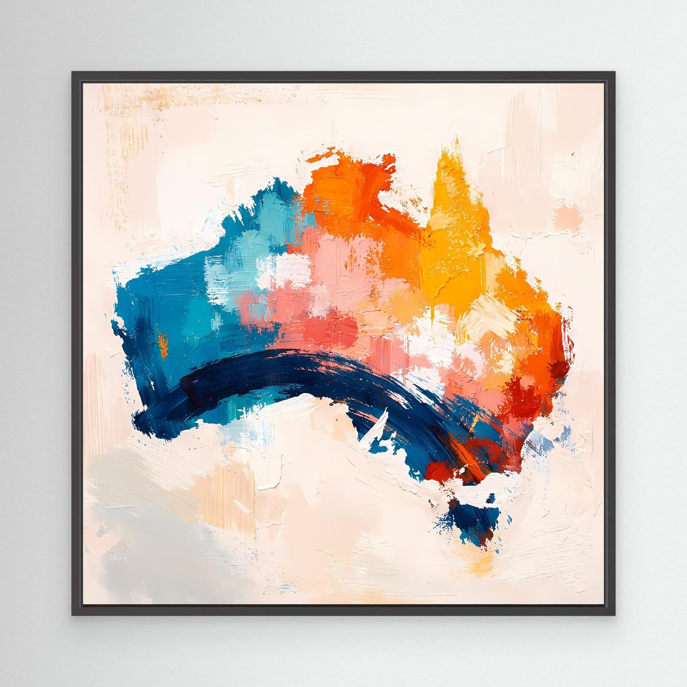 Abstract Australia map canvas wall art with multicolor brushstrokes in a black frame.