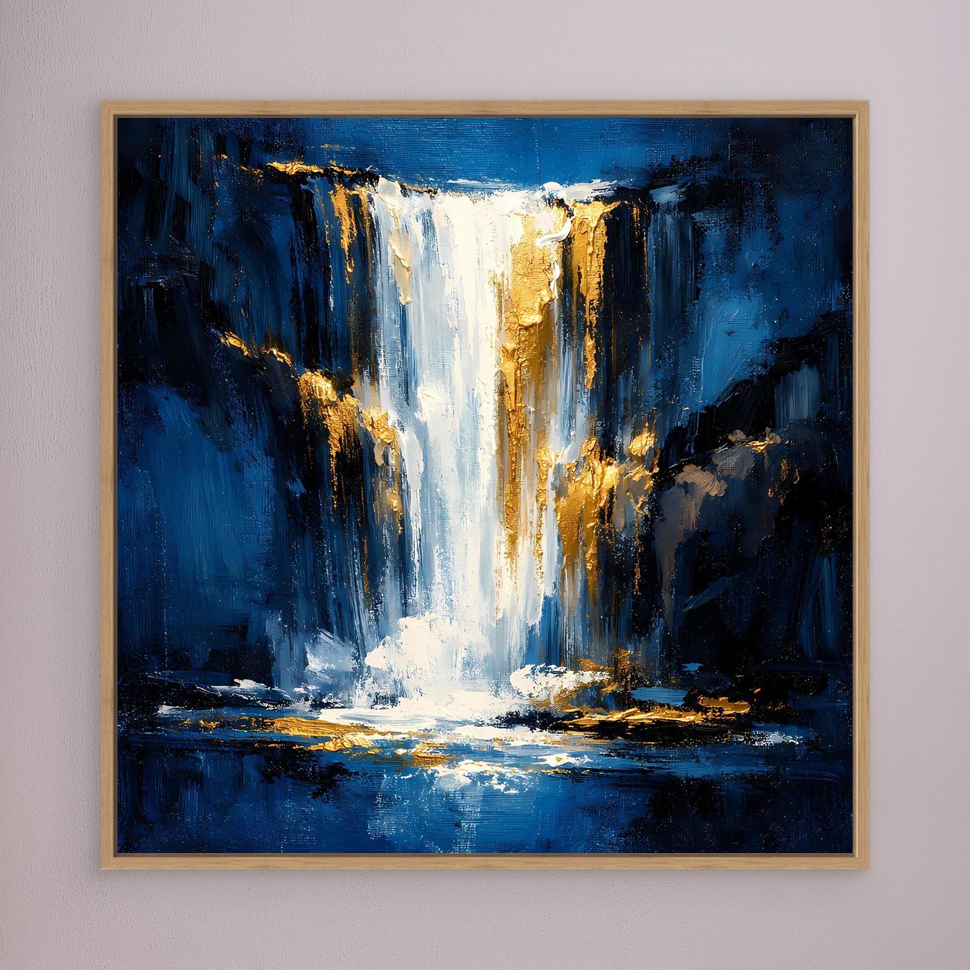 Leinwand Abstraktes Wasserfall Gemälde in Dunkelblau und Gold | Modernes Natur Wandbild