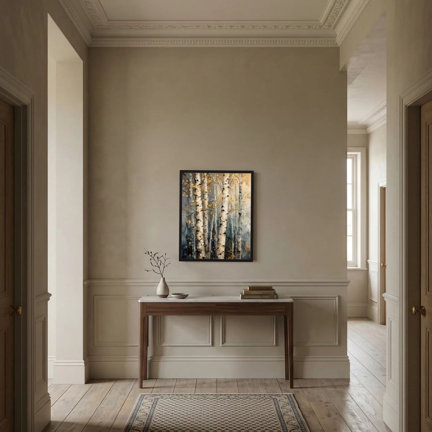 Abstraktes Birkenwald-Poster mit schwarzem Rahmen, vertikal, beige-graue Birkenstämme