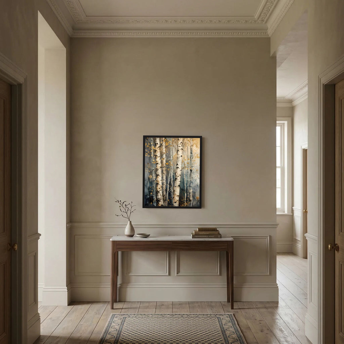Abstraktes Birkenwald-Poster mit schwarzem Rahmen, vertikal, beige-graue Birkenstämme