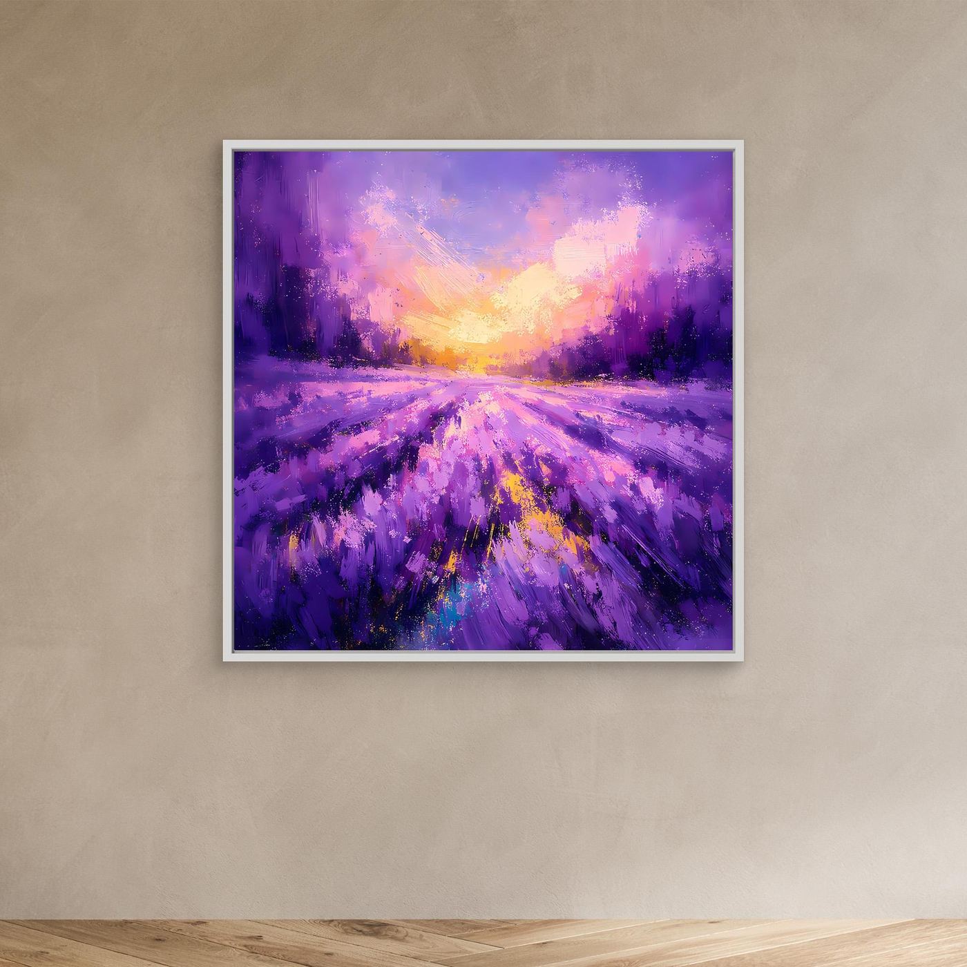 Leinwand-Wandbild mit violettem Lavendelfeld und goldenem Sonnenuntergang, weißer Rand
