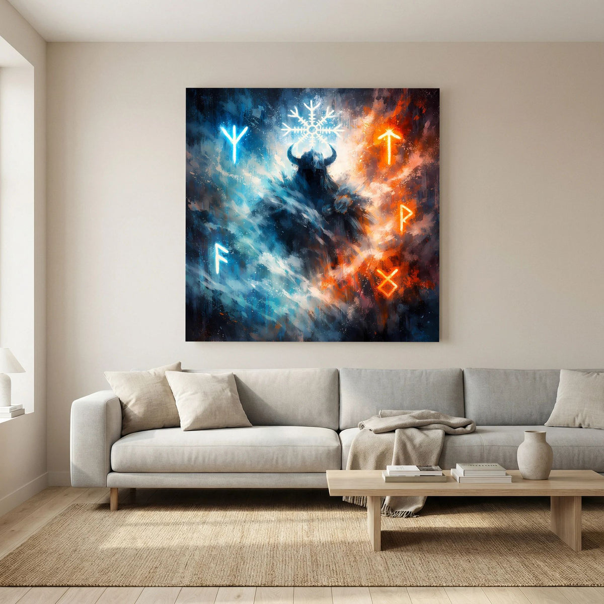 Leinwandbild: Wikingerkrieger mit Schneeflocke, Runen in Blau und Orange