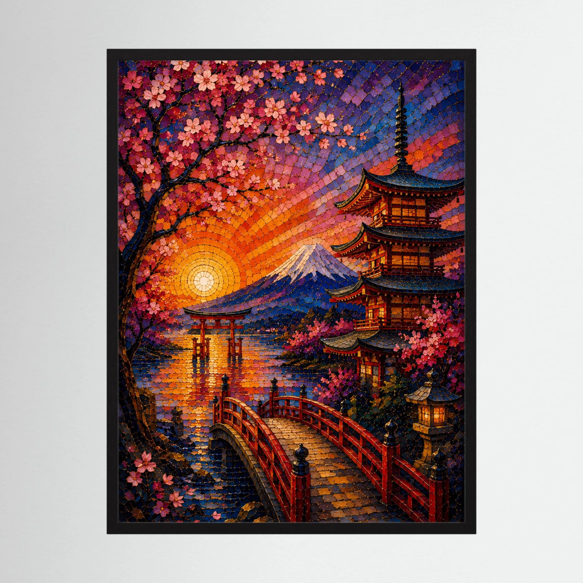 Poster im Mosaikstil: Kirschblüten, Pagode und Fuji bei Sonnenuntergang, schwarzer Rahmen