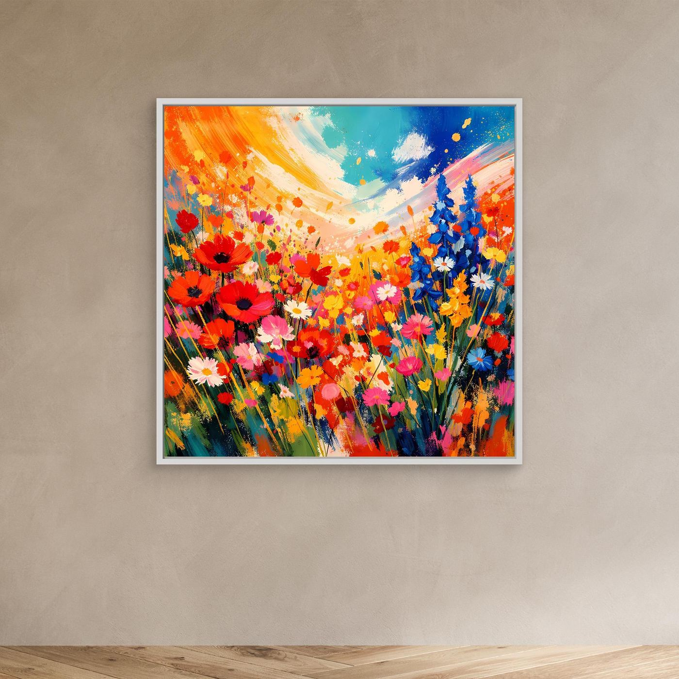Leinwandbild mit abstrakter bunten Blumenwiese, rote und blaue Blüten, weißer Rahmen