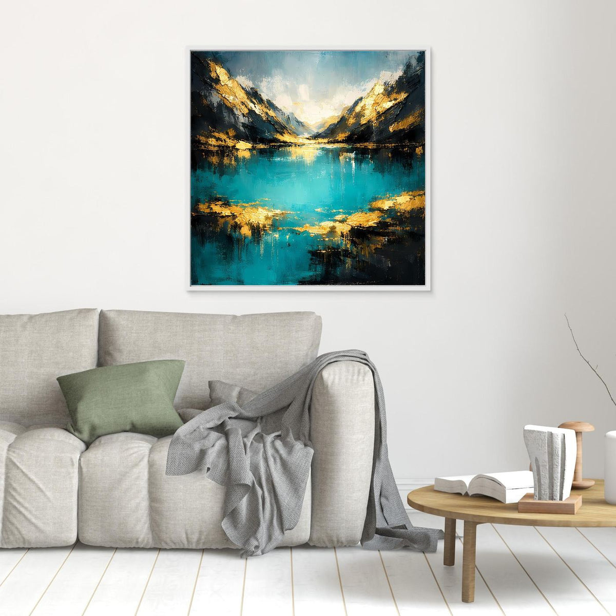 Kleines Abstrakt-Wandbild Leinwand mit türkis-goldenem Bergsee, silberner Rahmen