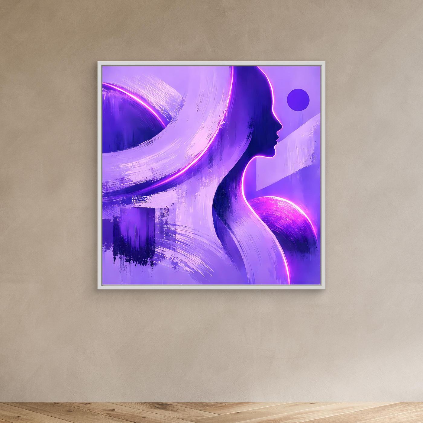 Leinwandbild mit abstrakter Frauensilhouette in Lila/Blau, silberner Rahmenkante