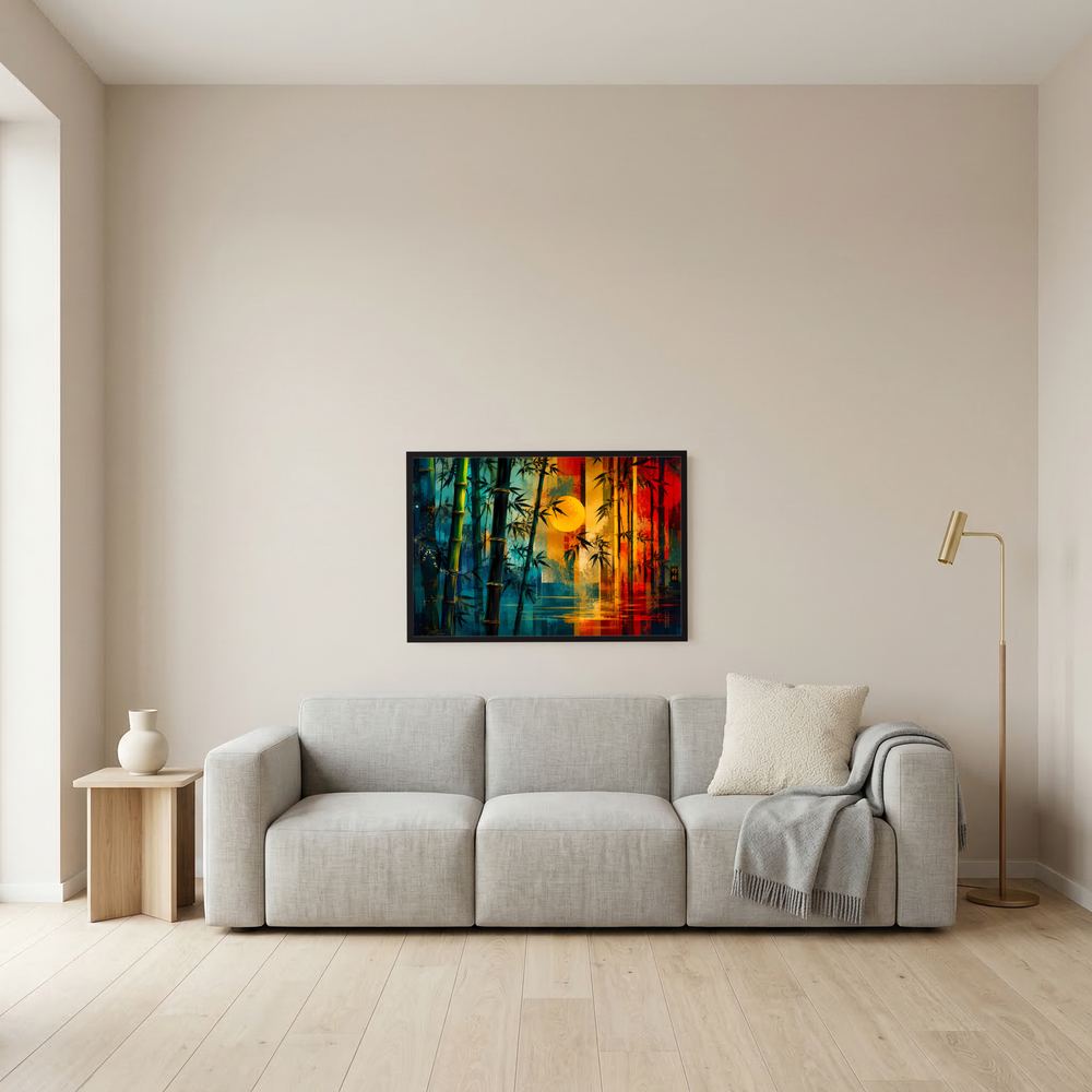 Gerahmtes Querformat-Poster mit abstraktem Bambuswald in Grün, Rot und Gold über dem Sofa