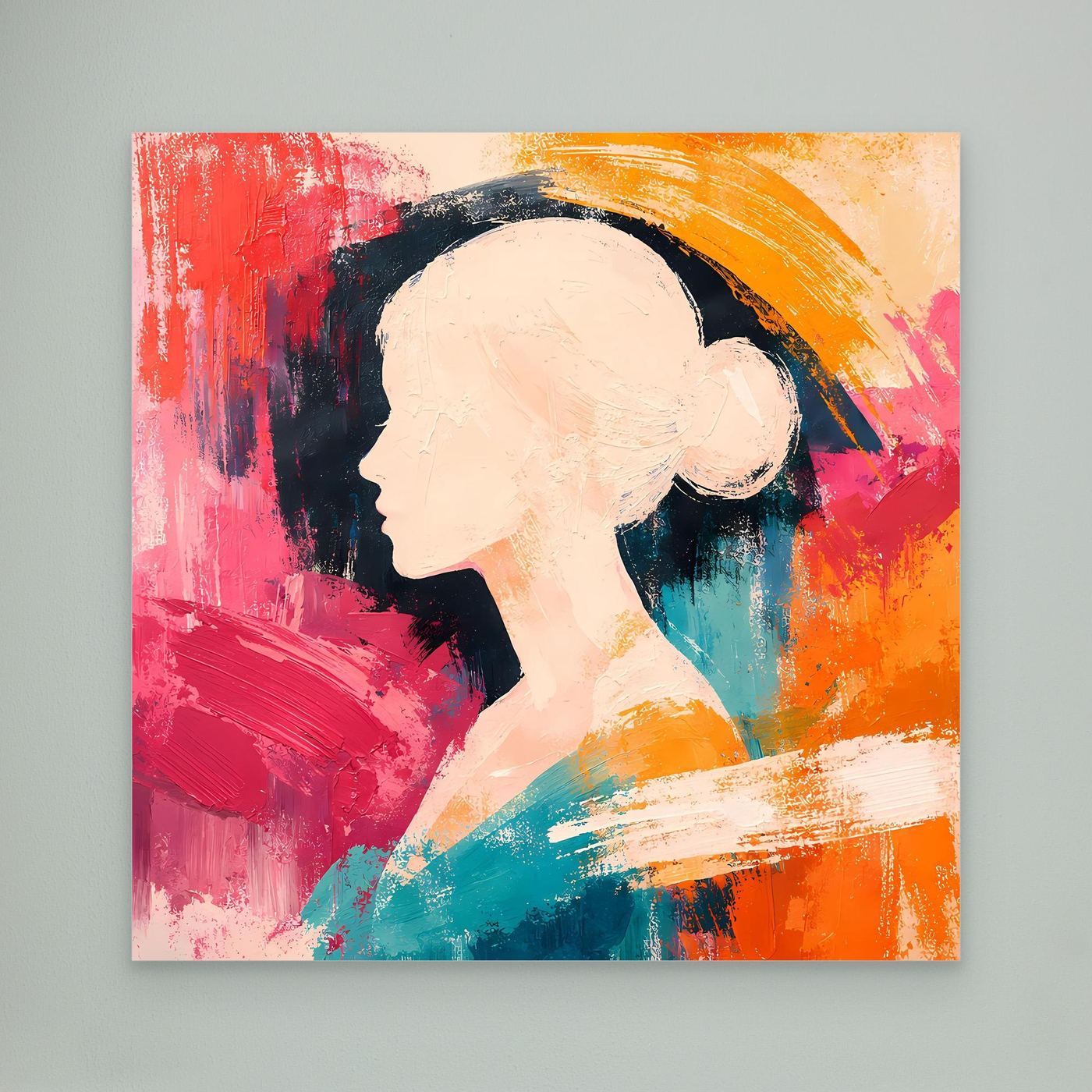 Abstract women portrait canvas with colorful silhouette and hat-shaped hair, unframed
