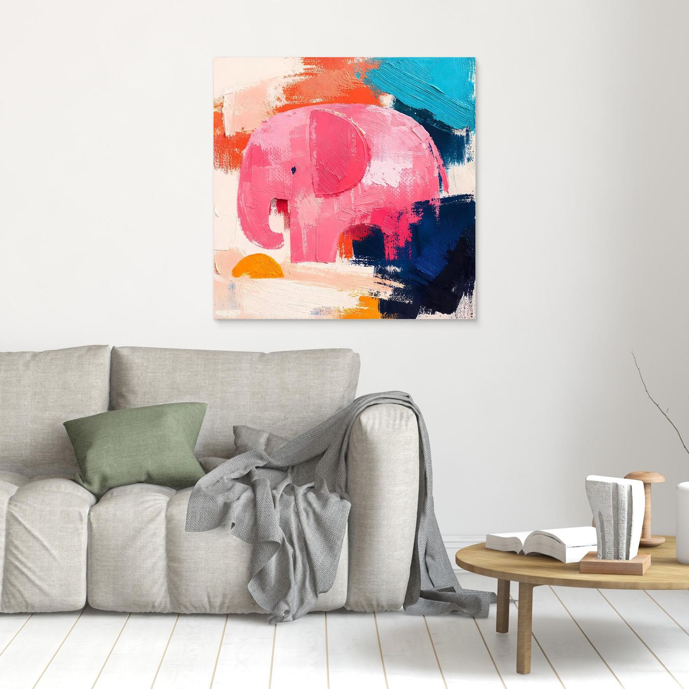 Unframed abstract elephant canvas painting with pink, blue, and orange brushstrokes