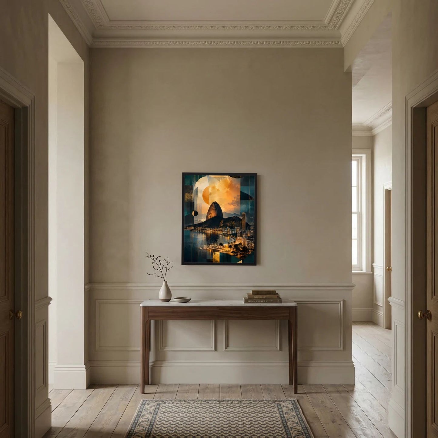 Hochformatiges Poster mit dunklem Rahmen: abstrakte Rio-Skyline in Petrol und Gold
